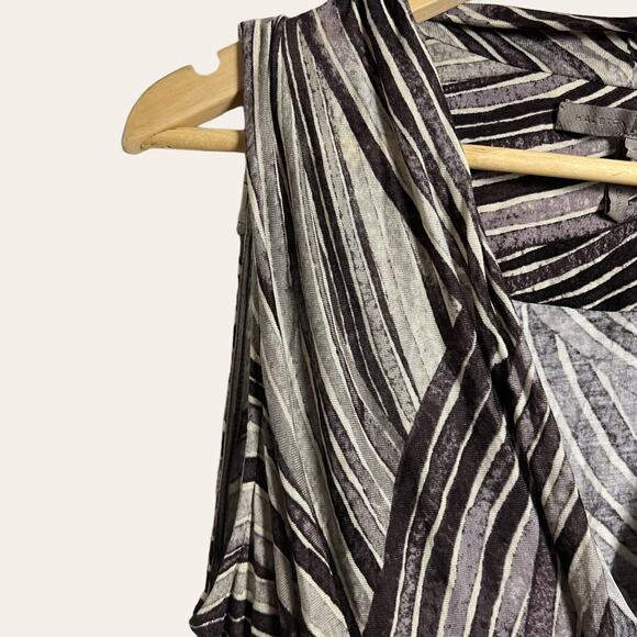 Halston Heritage Gray White Abstract Striped Draped Front Sleeveless Dress Sz 4 - Picture 3 of 7